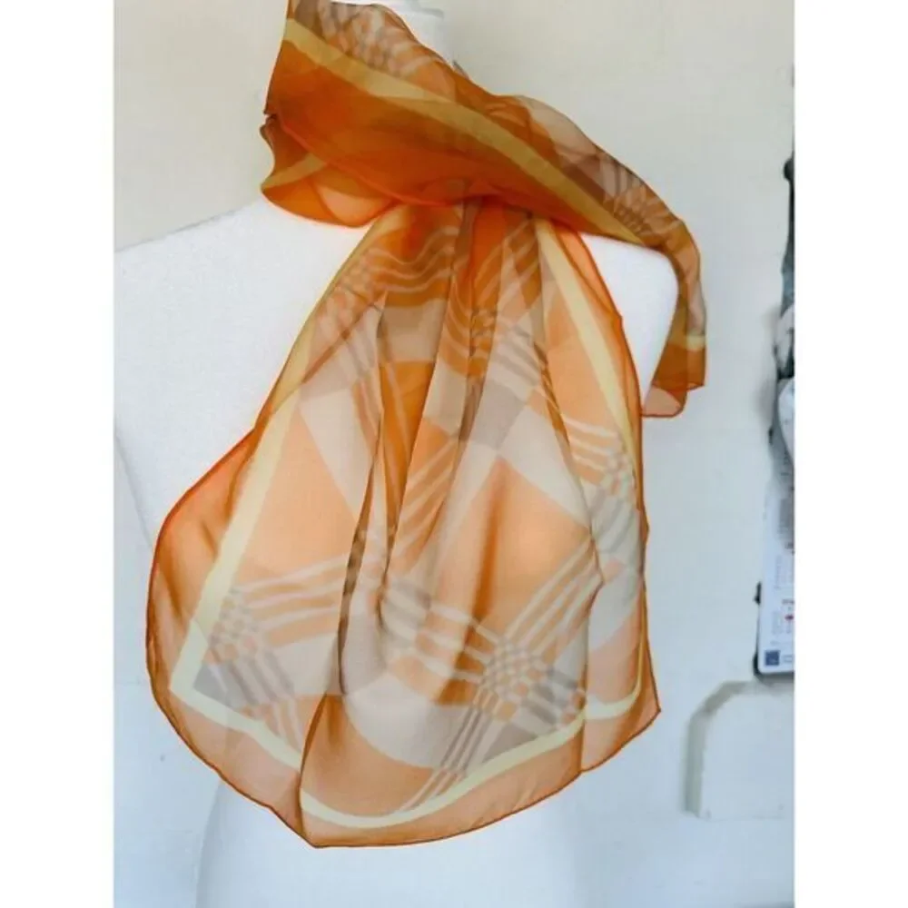 Vintage 60's Scarf Multi Color Checker Print. Orange Gray  Cream.‎ Approx 40x15